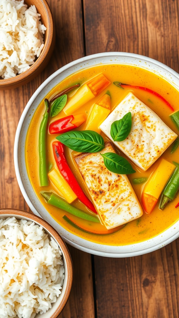 A bowl of Thai green curry with sea bass, colorful vegetables, and basil, served with jasmine rice on a rustic wooden table.